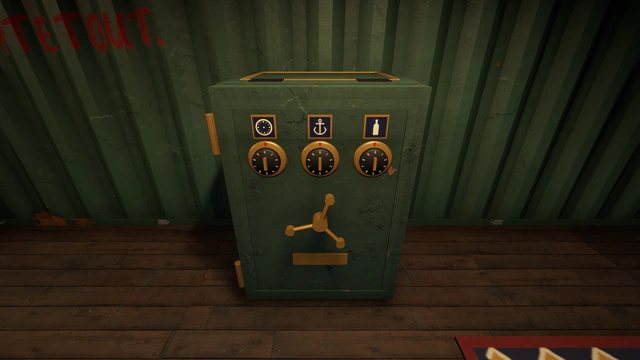 Le coffre-fort vert et ses trois molettes, sous trois dessins : une horloge, une ancre, une bouteille.