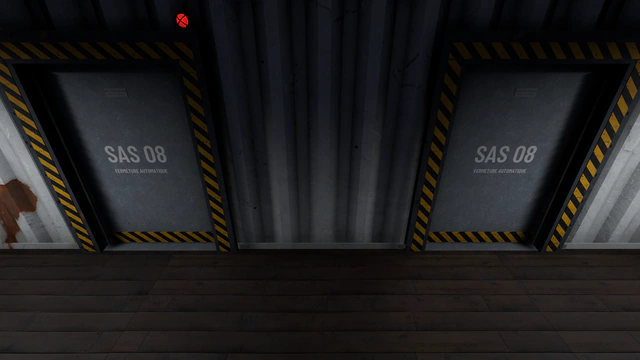 Deux portes de sas étanches, « SAS 08 », encadrées de bandes jaunes et noires.